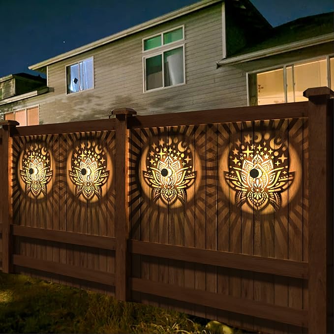 4 Pack Solar Fence Lights Metal Solar Powered Outdoor Wall Deck Lights Lotus Theme Waterproof Fence Light for Garden Post Patio Backyard Yard Decor (Lotus, 4 Pack) gardencave