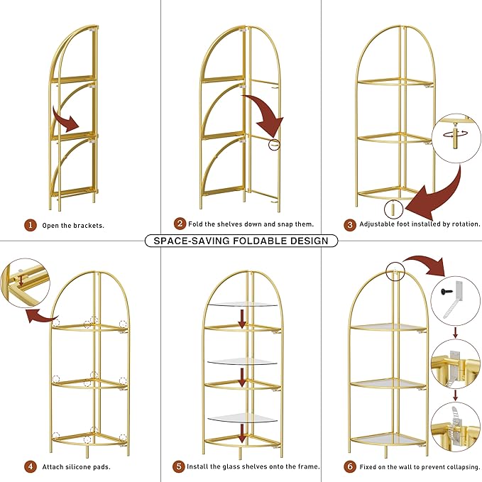 Crofy Foldable 3 Tier Corner Shelf, Metal Corner Plant Stand with Gold Frame and Transparent Shelves, Corner Display Rack Multipurpose Shelving Unit for Living Room, Bedroom, Bathroom CrofyLLC