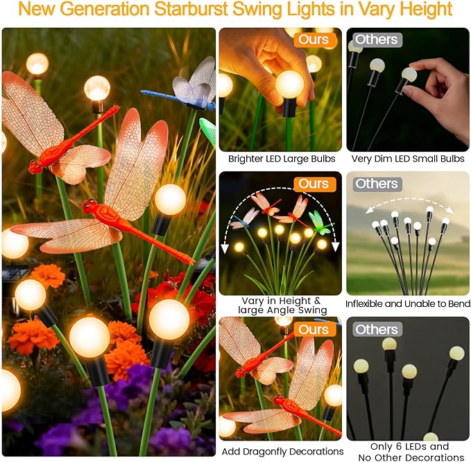 Solar Garden Lights Outdoor - 6 Pack Dragonfly Solar Swaying Light, Sway by Wind, Firefly Lights Outdoor Yard Patio Pathway Decoration, Big Bulb, High Flexibility Iron Wire & Realistic Dragonflies yulloyello
