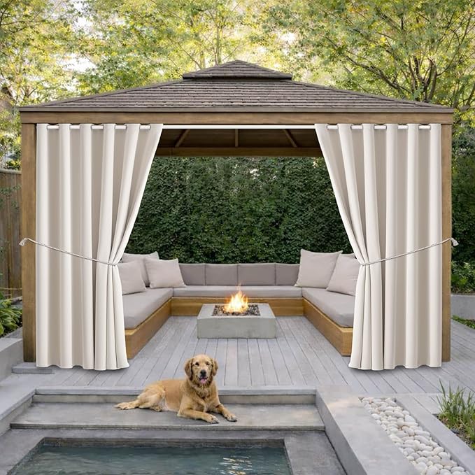 Waterproof Outdoor Curtain W84 x L84 - Grommet Top Sunlight Blocking Window Treatment Drapes Blackout Curtains for Home Bedroom Living Room Outdoor Patio Porch Gazebo (Cream, 2 Panels) DivaenCamino