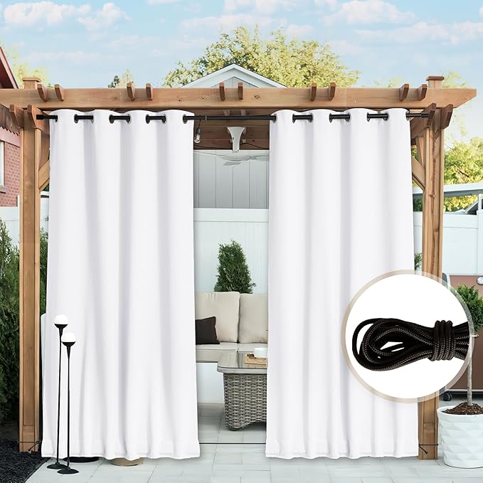 NICETOWN 2 Panels Weighted Blackout Outdoor Curtains for Patio Waterproof, Grommet & Back Tab on top and Bottom Windproof Privacy Thermal Drapes for Cabana with Fixed Rope, W52 x L95, Pure White NICETOWN