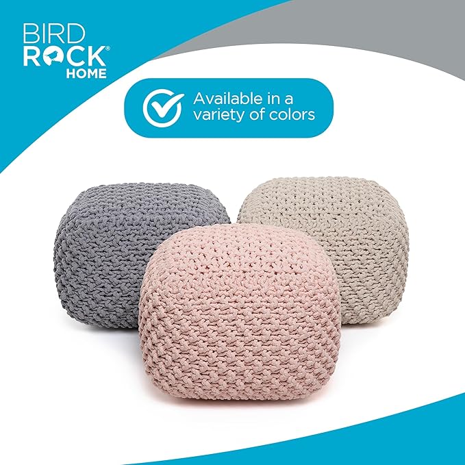 BIRDROCK HOME Square Pouf Ottoman | Cotton Braided Foot Stool with Bean Bag Filling | Boho Foot Rest for Living Room, Bedroom | Compact & Comfortable Seating, Lightweight & Sturdy | Dusty Rose BIRDROCKHOME