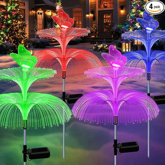 4 Pack Solar Garden Lights, Gardening Birthday Gifts for Mom Grandma Women, Waterproof 7 Color Changing Jellyfish Light with Butterfly Solar Flower Lights for Outdoor Pool Yard Garden Decor MRHEPHAESTUS