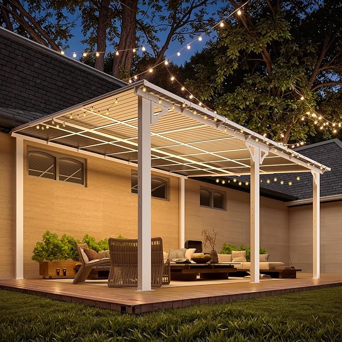 AECOJOY 14' x 12' Gazebo Outdoor Pergola for Patio, White 12x14 Large Wall-Mounted Hard Top Lean to Metal Gazebo Shelter Pergolas and Gazebos Clearance with Patio Roof, Heavy Duty Awnings for Backyard AECOJOY