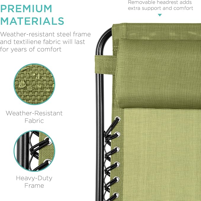Best Choice Products Set of 2 Adjustable Steel Mesh Zero Gravity Lounge Chair Recliners w/Pillows and Cup Holder Trays - Dusty Green/Black BestChoiceProducts