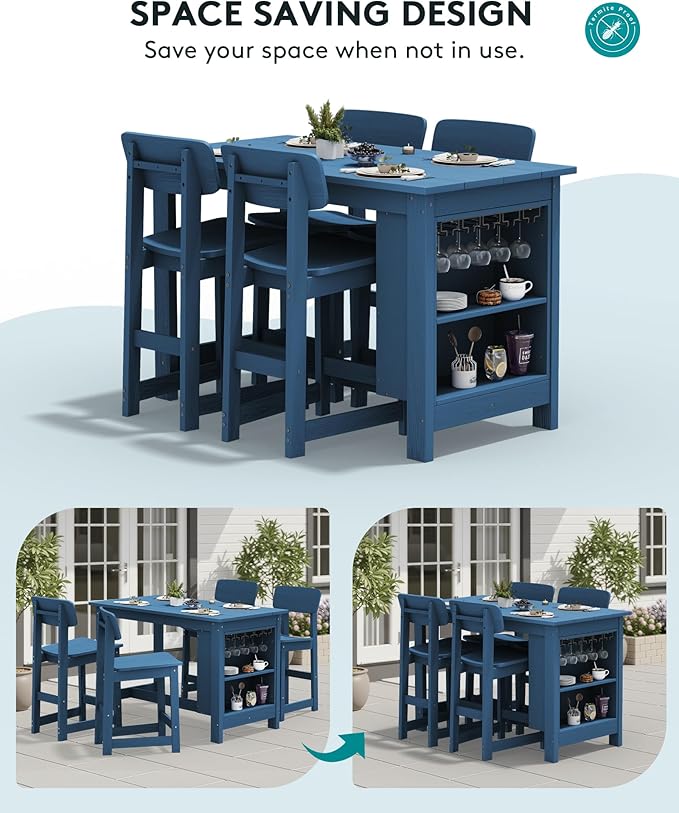 SERWALL 3-Piece Outdoor Counter Height Bar Set, HDPE Patio Bar Table with Wine Rack & Storage Shelf, 2 All-Weather Bar Stools, Patio Bar Dining Furniture Set for 3, Blue SERWALL