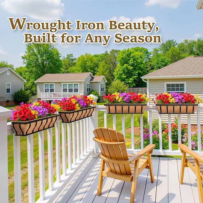 Railing Planter Boxes with Artificial Flowers, Adjustable Balcony Planters for Railing Hanging, UV Sun Resistant Colorful Daisy for Porch Patio Balcony Home (1 Pack, 24 Inch) VOXOR