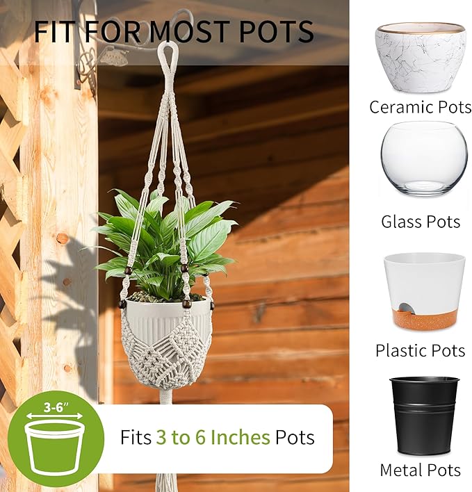 Macrame Plant Hanger - Fits 3 to 6 inches Pots for Indoor Outdoor, 35 Inch, Set of 2, Ivory (POTS NOT Included) IDEEEPAN