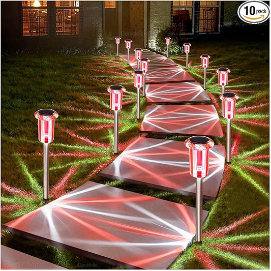 DenicMic Solar Lights Outdoor 10 Pack Waterproof Red White LED Stainless Steel Stake Outside Lights for Yard Pathway Garden Driveway Walkway Landscape Path Lighting Valentines Day Decorations Denicmic