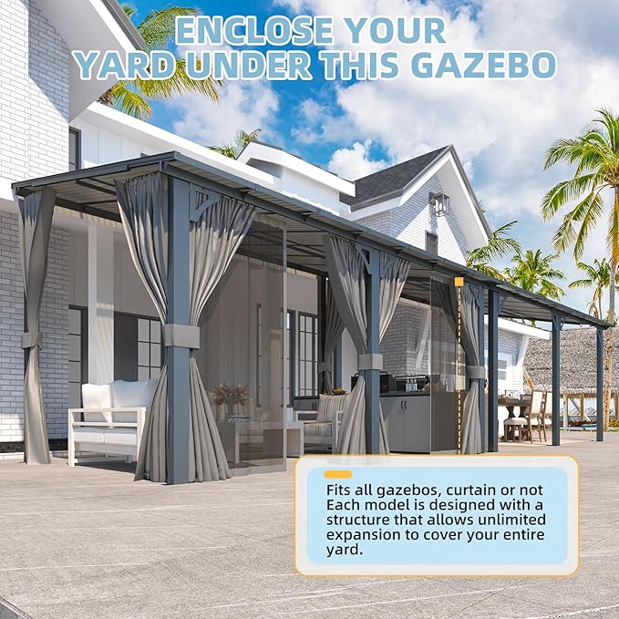 AECOJOY 16' x 8' Gazebo Outdoor Pergola with Curtains and Netting, 8'x16’ Hard Top Lean to Pergolas and Gazebos Clearance with Patio Roof Shelter, Large Wall-Mounted Heavy Duty Metal Awnings for Patio AECOJOY