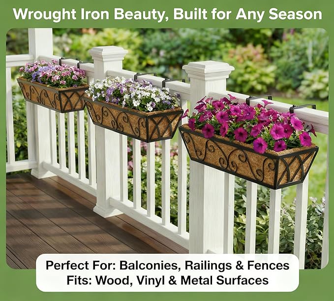 Y&M 24 Inch Window Deck with Coco Liner, Fence Metal Hanging Flower Planter Window Basket Deck Railing Planter Boxes for Outdoor Garden Lawn-Butterfly, 6pcs YM