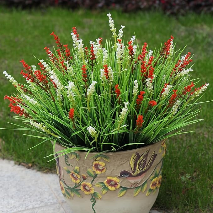 alyptus Outdoor Artificial Flowers 12 Bundles Plastic Plants Faux White Flower Fake Monkey Grass for Planters Décor Outside (White) ALYPTUS