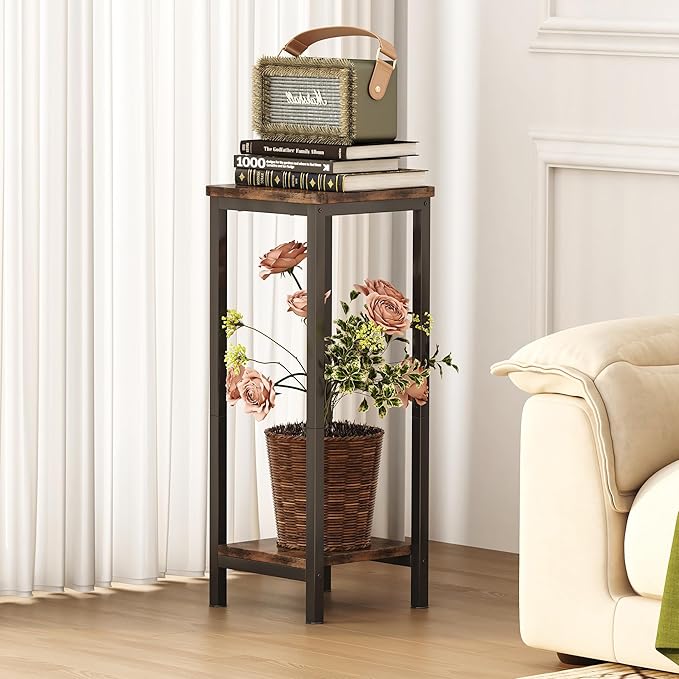 Homeiju Plant Stand Indoor, 2 Tier Wood Corner Plant Stand, Modern Square Plant Shelf Flower Stand for Living Room Patio Balcony Garden, Rustic Brown Homeiju