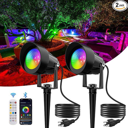 Spot Lights Outdoor, Smart RGBW LED Color Changing Landscape Lights with APP and Remote Control, Music Mode, DIY Scenes, Timing, IP65 Waterproof Spotlights Plug in for Yard Garden, 2 Pack CREPOW
