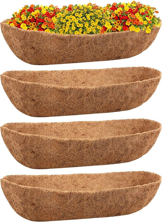 Riare 4 Pack 24 Inch Trough Coco Coir Liners for Planters, Pre-Formed Coconut Coir Replacement Liner Natural Coco Fiber Window Box Liners for Wall Planter, Window Basket Deck Railing Planter Riare