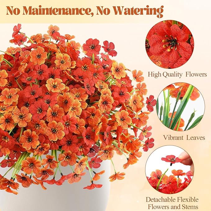 MACTING 24 Bundles Artificial Fall Flowers for Outdoors Faux Mums Outdoor Plants UV Resistant Fake Silk Flowers for Planters Patio Garden Porch Indoor Outside Autumn Thanksgiving Decor,Orange & Red MACTING