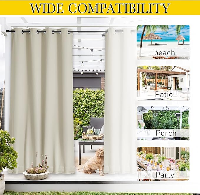 NICETOWN 2 Panels Weighted Outdoor Curtains for Patio Waterproof, Top & Bottom Grommet & Back Tab Fixed Outdoor Curtains Windproof Drapes Thermal Insulated for Pergola, W84 x L95, Beige NICETOWN