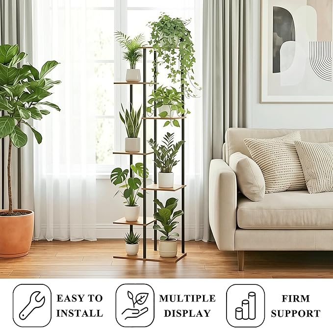 Plant Stand Indoor 7 Tier 8 Potted Metal Wood Plant Shelf, Multiple Flower Pots Corner Tall Plant Holder Stands for Living Room Balcony Bedroom, Rustic Brown GreenLivingSpaces