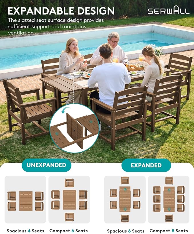 SERWALL 7-Piece Patio Dining Sets, 60" - 83" Expandable Outdoor Dining Table and 6 HDPE Chairs, All Weather HDPE Outdoor Furniture Set for Backyard, Garden, Brown SERWALL