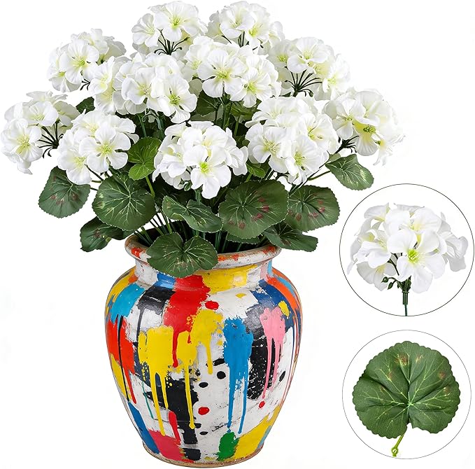 Artificial Geranium Flowers for Outdoors, 6 Bundles Realistic Silk Fake Geranium, No Fade Faux Plants for Hanging Baskets, Window Boxes, Pots - Porch, Patio, Balcony Decor(White) AmberFun