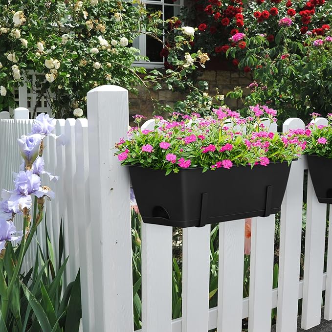 CADUKE 6 PCS Railing Planter Boxes, Black Planter Boxes with Adjustable Bracket, 17 Inch Deck Rail Planters for Outdoor Plants, Flower Pots for Balcony Garden Decor CADUKE