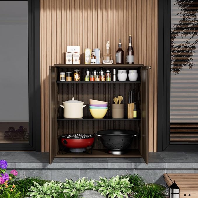 Storage Box Outdoor Caninet,Resin Indoor Storage Box Waterproof Outdoor Storage Cabinets for Patio/Garden/Backyard, Size 34.3''L*15''W*36.2''H(Brown) Mrosaa