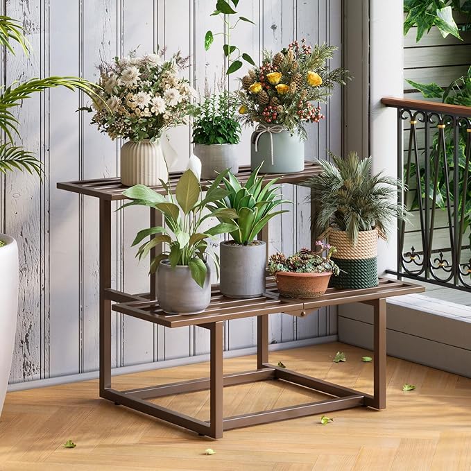 Metal Plant Stand, Foldable Heavy Duty Indoor, Window Iron Plant Shelf - Mid Century Modern Slatted Display for Patio, Garden, Living Room Load Bearing 330 lbs 26" L x 20.2" H x 17.7" W 2 Tier Coffee HomecourtyardsInterio