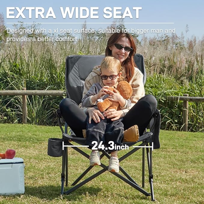 EVER ADVANCED Oversized Folding Camping Chair, for Adults Heavy Duty Lawn Chair with Side Pockets, Portable Collapsible Quad Chair for Outside, Support Up to 500lbs, Grey EVERADVANCED