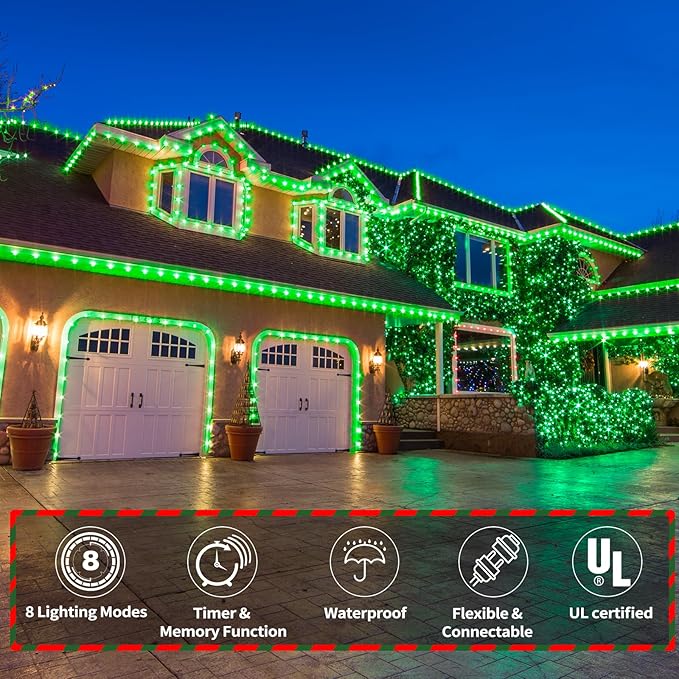50ft LED Rope Lights Outdoor, 360 LED Connectable and Flexible Tube Lights with 8 Modes, Waterproof LED Rope Lighting for Garden, Patio, Pool, Bedroom, Party, Indoor Outdoor Christmas Decor (Green) Jnaurb