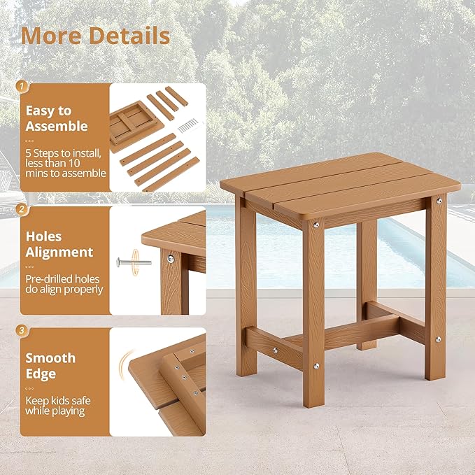 LUE BONA Outdoor Side Table Set of 2, HDPS Small Outdoor Adirondack Side Tables, Outside End Table for Patio, Porch, Deck, Pool, Weather Resistant/Easy Maintenance, Teak Color LUEBONA