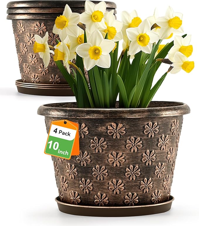 10 Inch Planter Pots for Plants, 4 Pack Plastic Large Flower Pots Indoor Outdoor, Resin Plant Pot with Drainage & Saucer, Retro Decorative Garden Pot with Removable Trays for House FlowyypoPlantPot