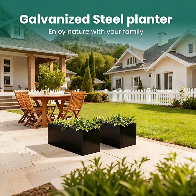 Galvanized Steel Metal Planter 25" L x 11" W x 13" H Rectangular Indoor Black Planter Box Large Outdoor Planters Steel Commercial Residential for Patio, Garden GZGNEEVL