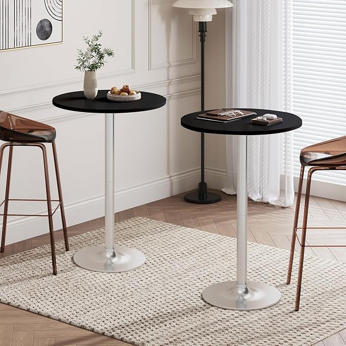Flamaker Round Bistro Pub Table Modern Style Metal Base MDF Top Cocktail Bar Table Counter Bar Height for Pub, Dining Room, Party (1, Black-Silver) Flamaker