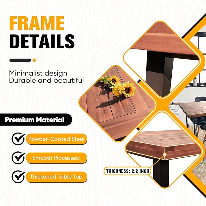 Flamaker Dining Table for 6 FSC Acacia Wood Indoor Outdoor Home Kitchen Table with Iron Legs Large Rectangular Patio Table for Deck, Sunroom (Walnut) Flamaker