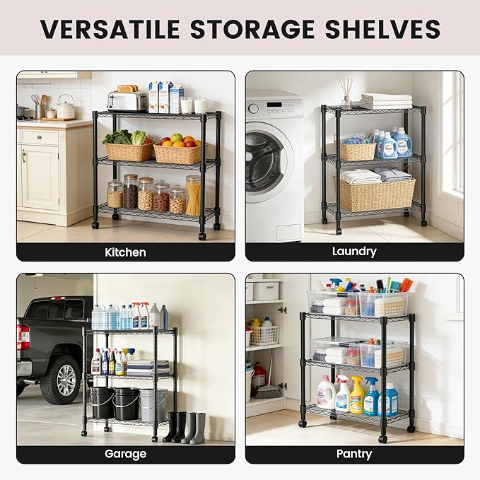 Xcity Storage Shelves, 3 Tier Heavy Duty Metal Shelving Unit with Wheels, 1050 LBS Capacity Adjustable Steel Wire Shelf Organizer for Pantry, Kitchen, Garage, 14" D x 24" W x 30" H, Black Rootora