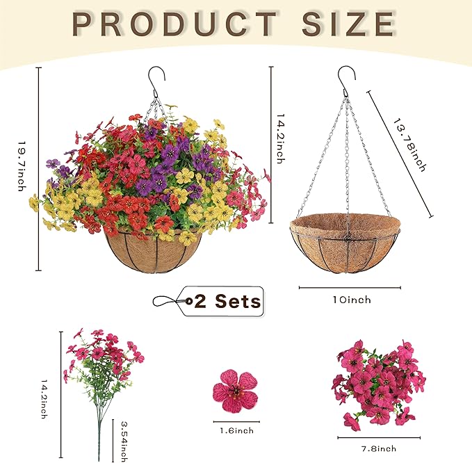 Senjie 2 Set Artificial Hanging Flowers with Basket for Outdoor Decor, UV Resistant 24 Bundles Faux Flowers Fake Hanging Planter for Porch Patio Balcony Senjie