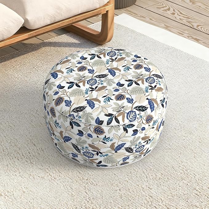 LVTXIII Indoor/Outdoor Extra Large Inflatable Ottoman Pouf D31 x H14 Inch, Round Footstool with Handle, Weather-Resistant Portable Furniture for Patio, Camping, Beach, Breeze Leaves Beige LVTXIII
