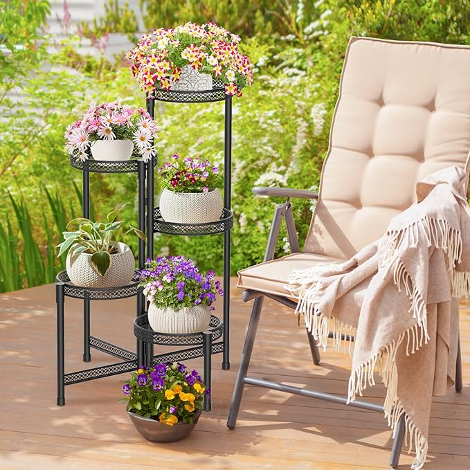 iDavosic.ly Plant Stand Indoor Outdoor, 5 Tier Corner Metal Flower Display Holder Shelf, Easy Assembly Folding Tall Orchid Rack for Patio Balcony Porch Garden Living Room House, Wrought Iron - Modern Black iDavosicly