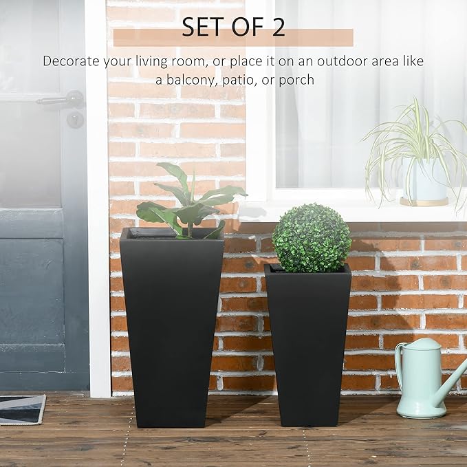 Outsunny 2-Pack Outdoor Planter Set, Flower Pots with Drainage Holes, Durable & Stackable Plant Pot, 22in & 18in, for Porch, Entryway, Patio, Yard, Garden, Black Outsunny