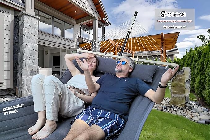 Quilted Fabric Double Hammock Won't flip with Stand and Spreader Bars,Safer and Sturdier,Quality Hammocks for Outdoor Indoor Patio Yard Two Sided Dual use Deep Grey GOCAN