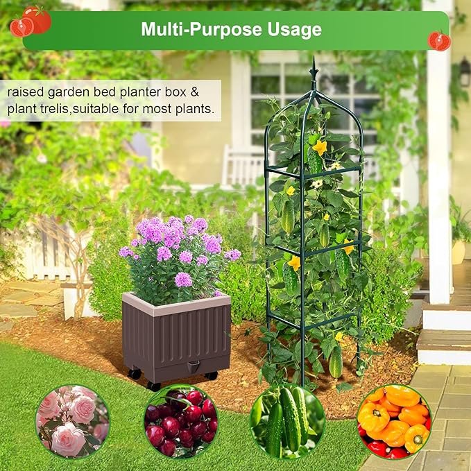 Raised Garden Bed Planter Boxes with Trellis,1pcs 70.9"Self-Watering Tomato Planter Boxes with Trellis for Climbing Vegetables Plants Flowers Tomato with Wheels,Use for Indoor Outdoor (Brown) MQHUAYU