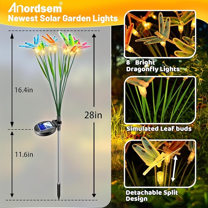 Anordsem Solar Garden Lights Outdoor: 8 Removable Fiber Optic Fabric Dragonflies 4 Pack - Waterproof Fun Animal Decoration for Yard Patio - Gardening Gifts for Garden Lovers Anordsem