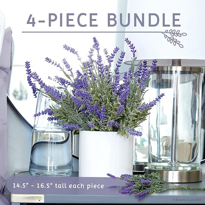 Butterfly Craze Lavender Artificial Flower Stems - UV-Protected Outdoor Artificial Plants - Plastic Flowers for Outdoors - Floral Picks for Weddings & Centerpieces - 4 Pack, 14.5"-16.5" ButterflyCraze