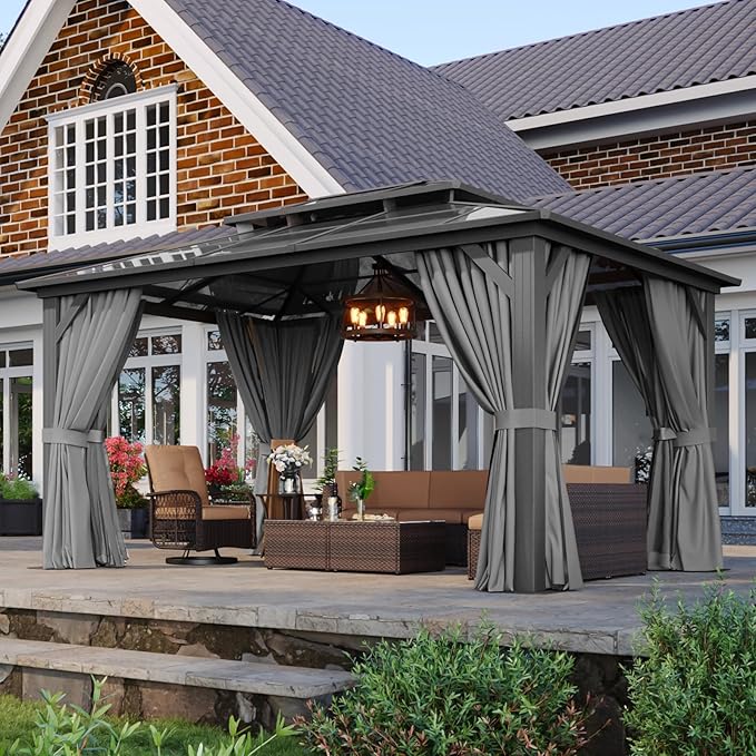 Aoxun 10'x14' Hardtop Gazebo, Aluminum Frame Permanent Pavilion with Curtains and Netting, Outdoor Polycarbonate Double Roof Canopy, Gray Aoxun