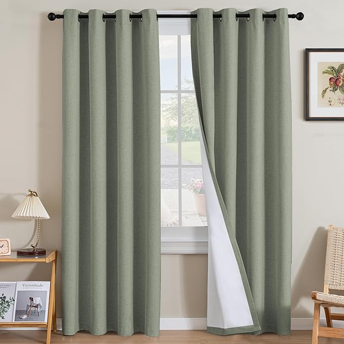 H.VERSAILTEX Linen Curtains 100% Blackout Curtains for Bedroom 102 inch Long Full Light Blocking Nature Linen Blended Window Curtains for Living Room Nickel Grommet (2 Panels, Heathered Dried Sage) HVERSAILTEX