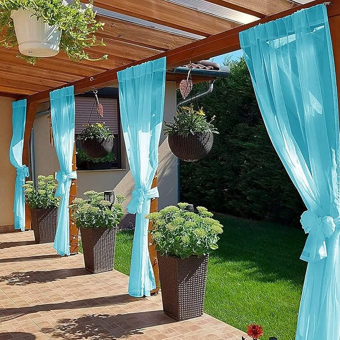 SpaceDresser Waterproof Outdoor Sheer Curtains for Patio - 2 Panels Rod Pocket Indoor Voile Sheer Curtain for Living Room,100W x 96L inch, Aqua SpaceDresser