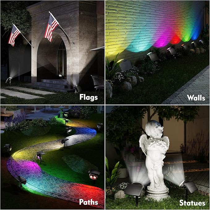 Solar Spot Lights Outdoor Waterproof IP68, RGB Colors Changing Solar Lights with 4 Lighting Modes, Solar Powered Lights Outdoor for Yard Outside Landscape Garden (6Pack) Rootora