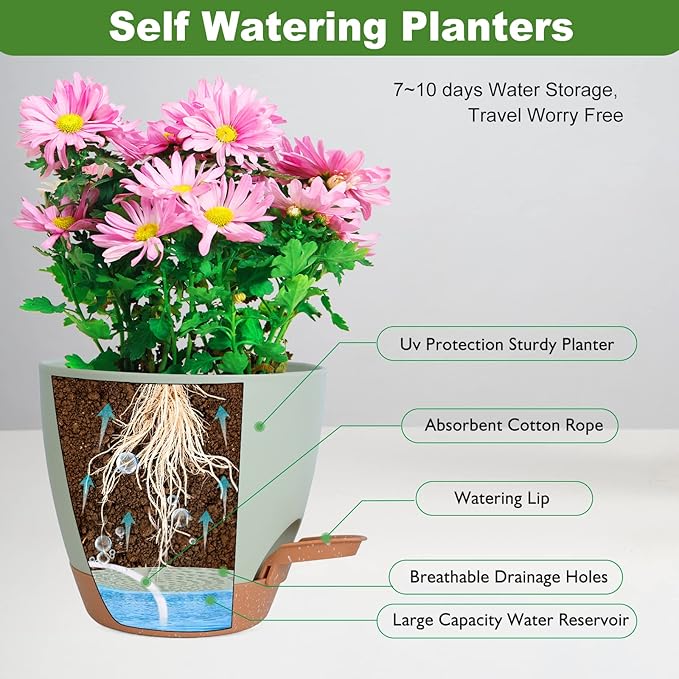 Planters for Indoor Plants, 8/7/6.5/6/5.5/5 Inch Self Watering Planters with Drainage Hole, Plastic Planters Flower Pots for Indoor Outdoor Plants (Green) Vanslogreen