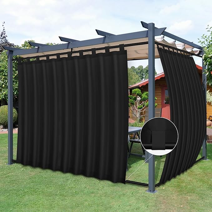 Easy-Going Outdoor Patio Curtains Detachable Tab Top Windproof Weatherproof Curtain for Cabana, Porch, Pergola and Gazebo, Tab Bottom Drape, 2 Panels, 110W x 120L inch, Black Easy-Going