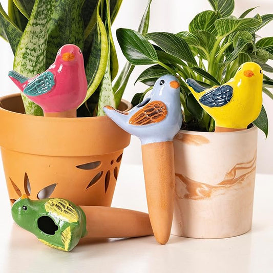 4 Pack Self Watering Bird Shaped Globes, Terracotta Vacation Planters Devices with Slow Release Automatic Watering Spikes, Plant Watering Pots for Indoor and Outdoor Potted Plant SUREYUESI